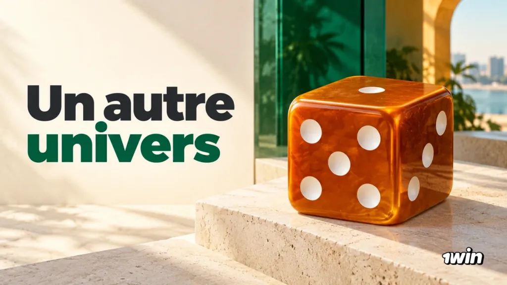 Dé orange translucide sur un socle clair