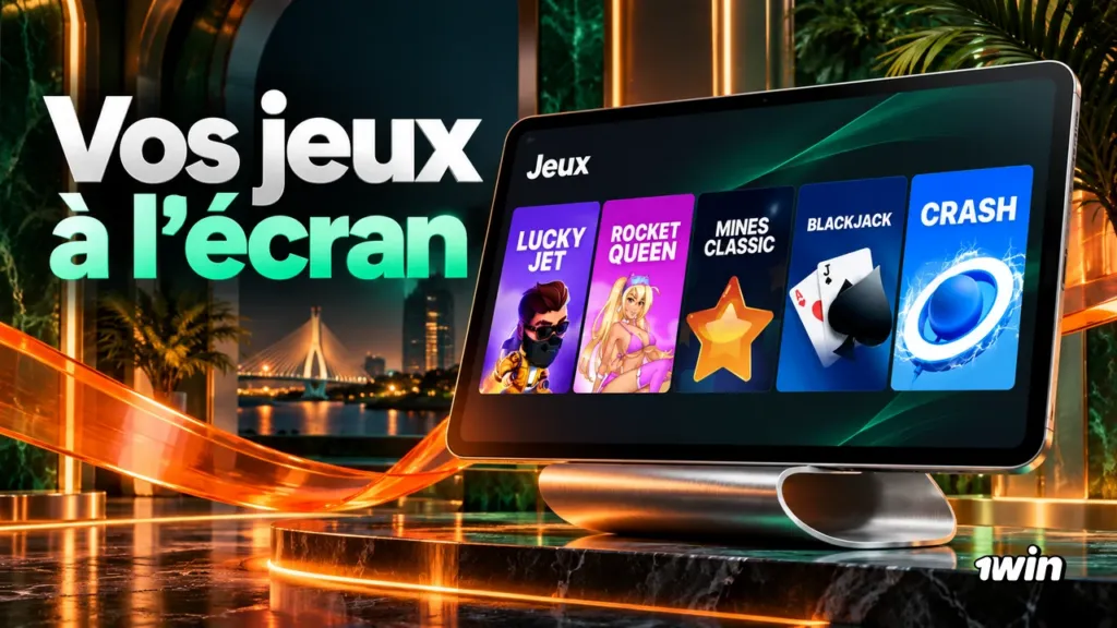Écran présentant des jeux Lucky Jet, Rocket Queen, Mines Classic, Blackjack et Crash.