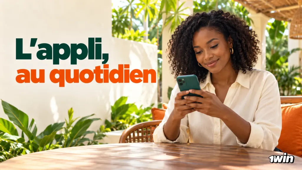 Femme consultant une application sur son téléphone à une terrasse.