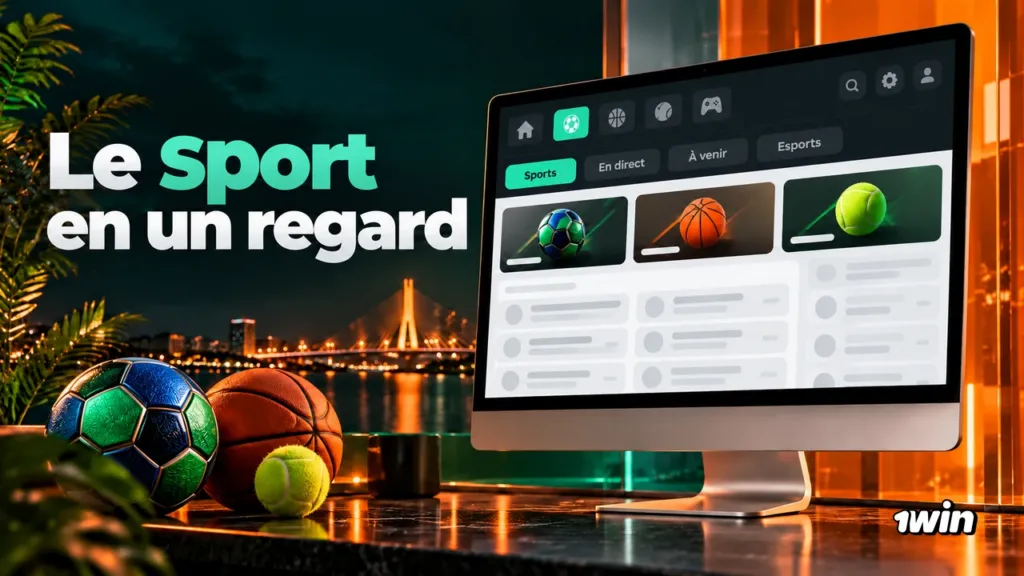 Écran présentant un menu sportif avec football, basket et tennis.